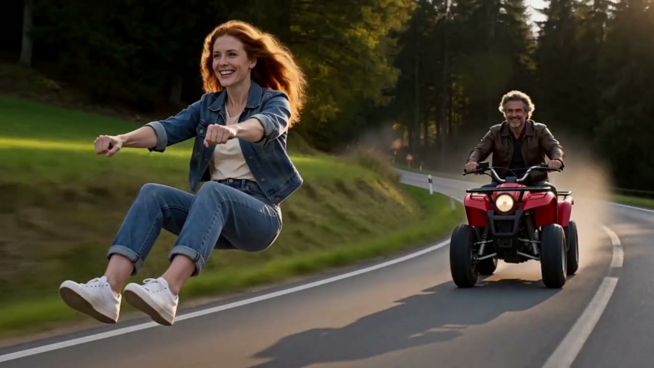 A red-haired lead floats in an invisible-motorcycle pose on a tree-lined road while a second person follows on a red quad bike.