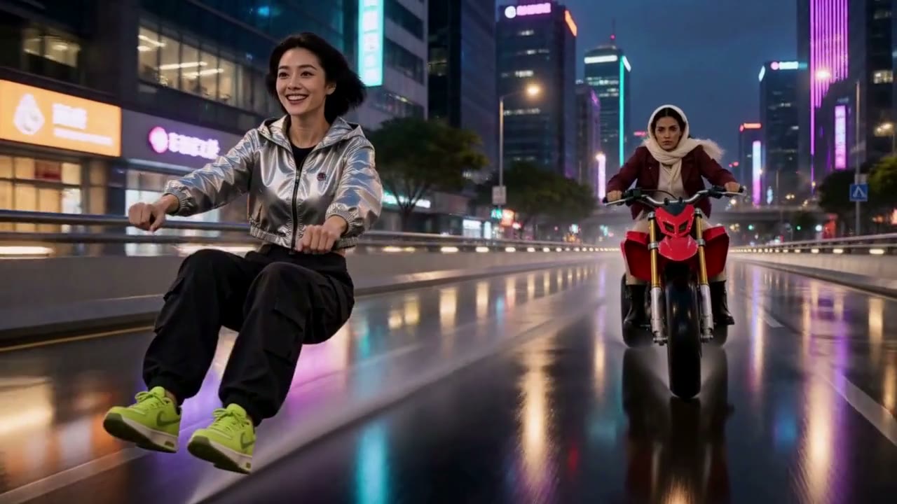 A silver-jacketed foreground rider moves through a wet neon street at night, with a second person following on a red motorbike.