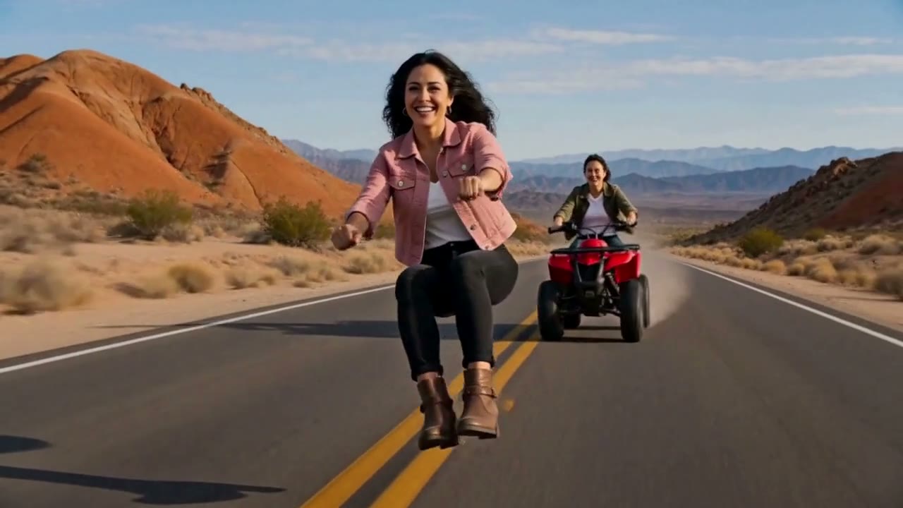 A pink-jacketed lead holds an invisible riding pose on an open desert highway as a second person pursues on a red quad bike.