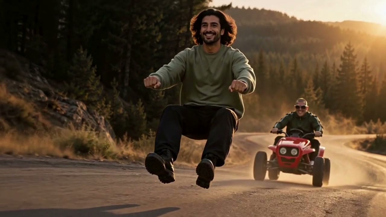 A green-shirted lead rides an invisible motorcycle along a sunlit forest road while a sunglasses-wearing chaser follows in a small red buggy.