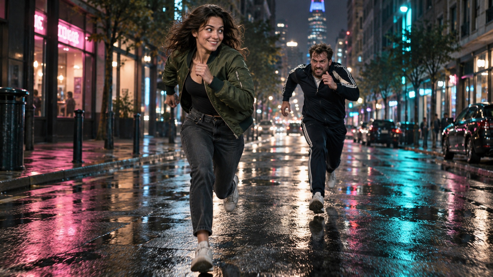 Concept of two people in a cinematic night city chase
